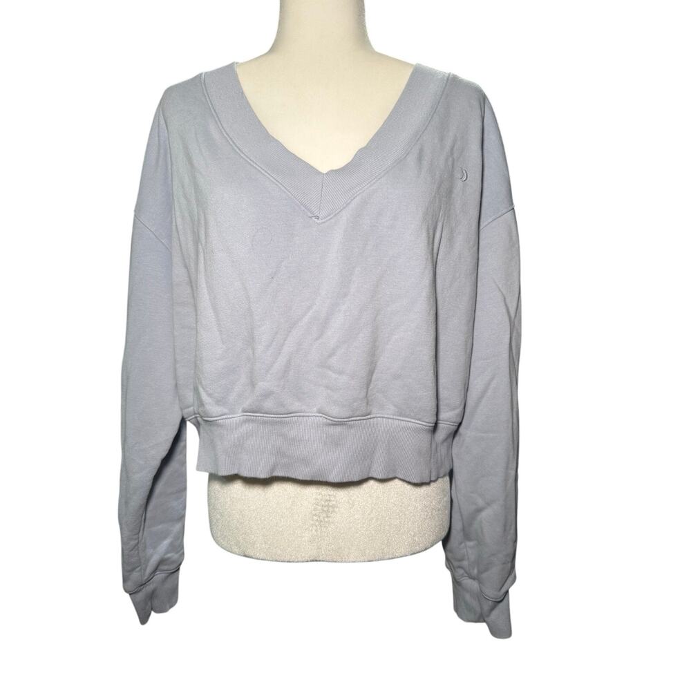 Z Supply Active Gray V-Neck Cropped Sweatshirt, Oversized Pullover, Large